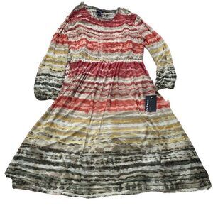 En Focus NWT Midi Dress Long Sleeve Semi-Sheer A-Line Earthy Multicolor 14 XL